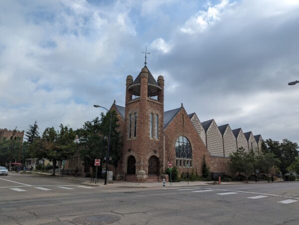 Church tower as seen from Scavenger Hunt Walking Tour Boulder Colorado.