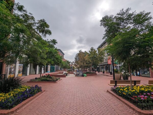 Scenic view of Pearl Street Mall from seen from Scavenger Hunt Walking Tour Boulder Colorado.