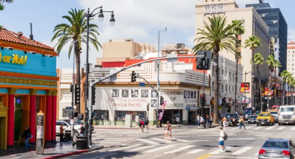 Busy street scene on Hollywood Boulevard with souvenir shops under palm trees, Los Angeles. in Hollywood Scavenger Hunt
