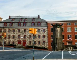 Charming street view of the historic Brethren's House in Bethlehem, PA, showcasing colonial architecture. in Bethlehem Scavenger Hunt, PA