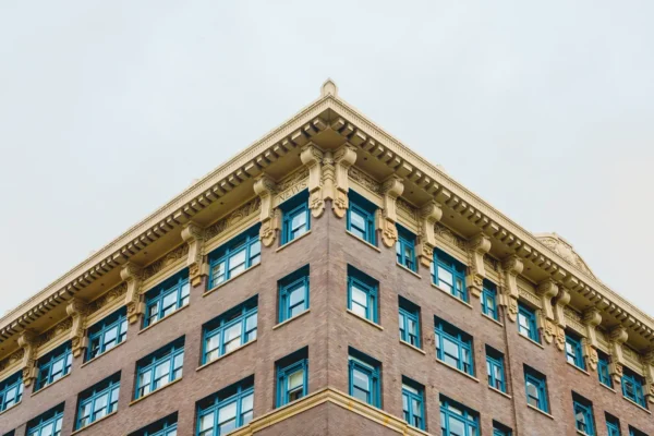 Low angle view of a classic multi-storey building showcasing vintage architecture in Tacoma, WA. in Tacoma Scavenger Hunt, WA