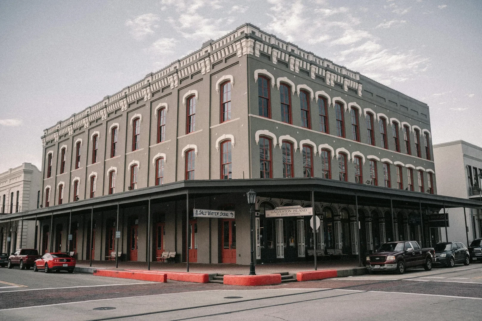 A classic historical building facade in Downtown Galveston, Texas on a cloudy day. in Galveston Scavenger Hunt