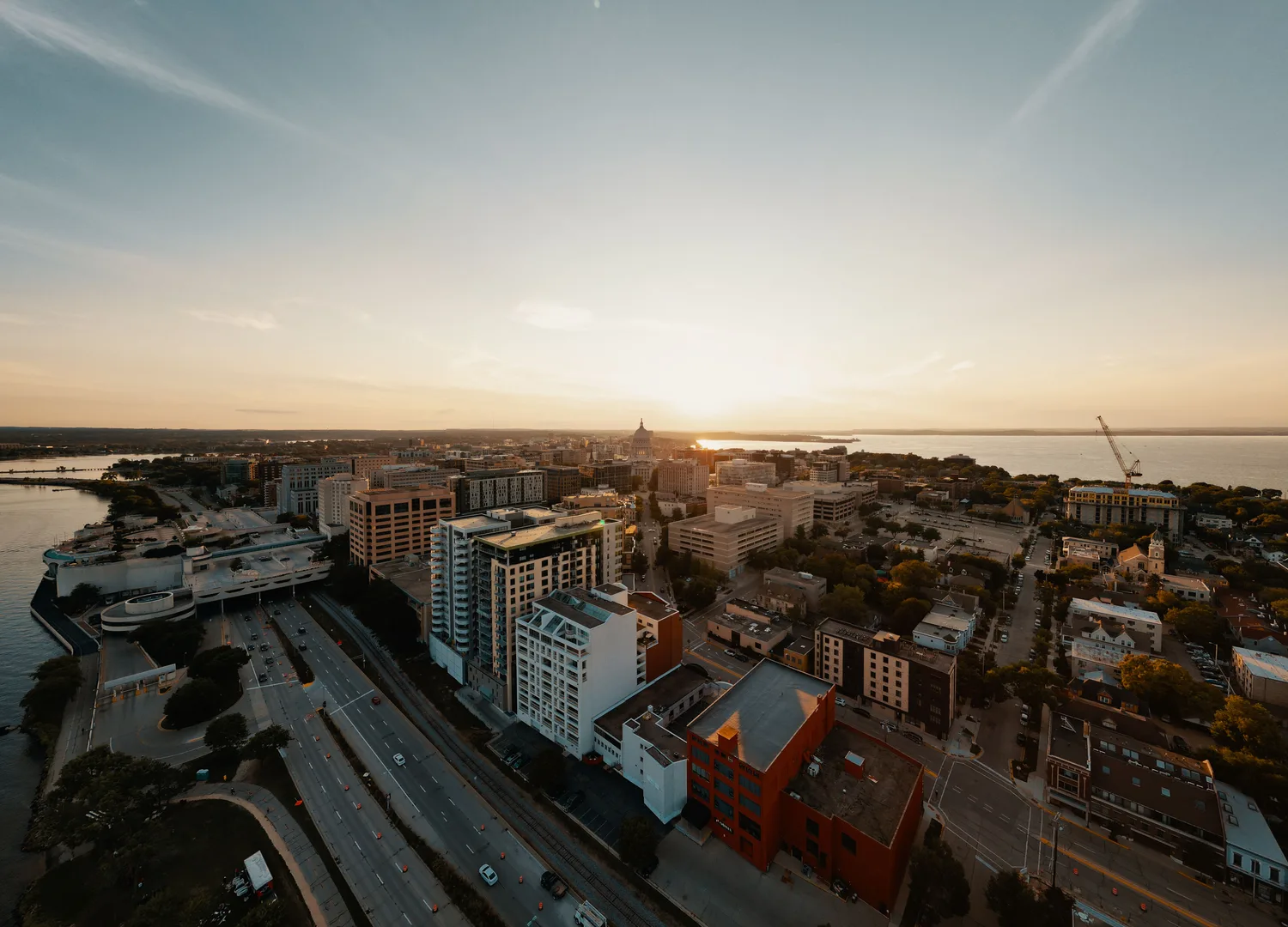 Breathtaking aerial view of Madison, Wisconsin's cityscape during a serene sunset. in Madison Scavenger Hunt