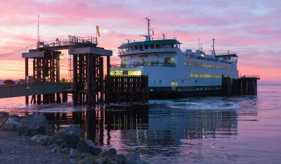 Kennewick ferry arriving at the Coupeville Ferry Terminal at sunrise.jpg in Kennewick Scavenger Hunt, WA